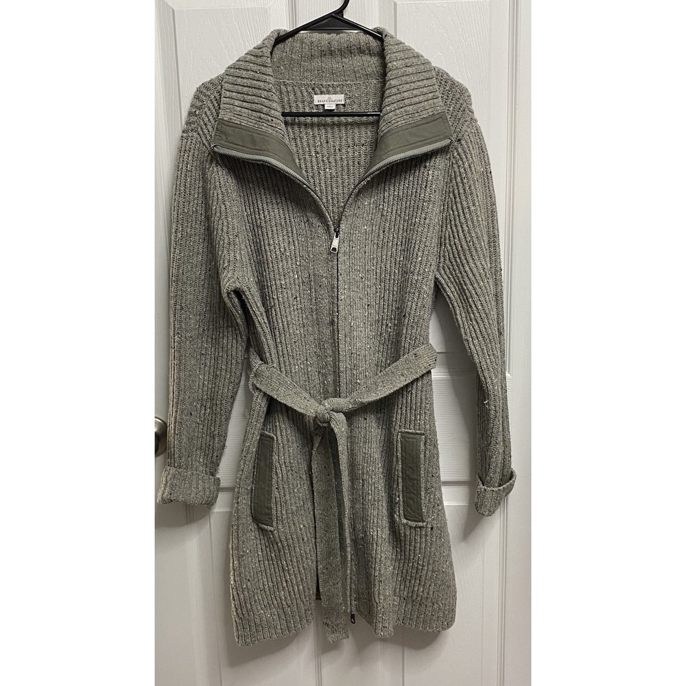 LL Bean Signature Women 100% Wool Cardigan Zip Up Sweater Belted Gray L-EUC